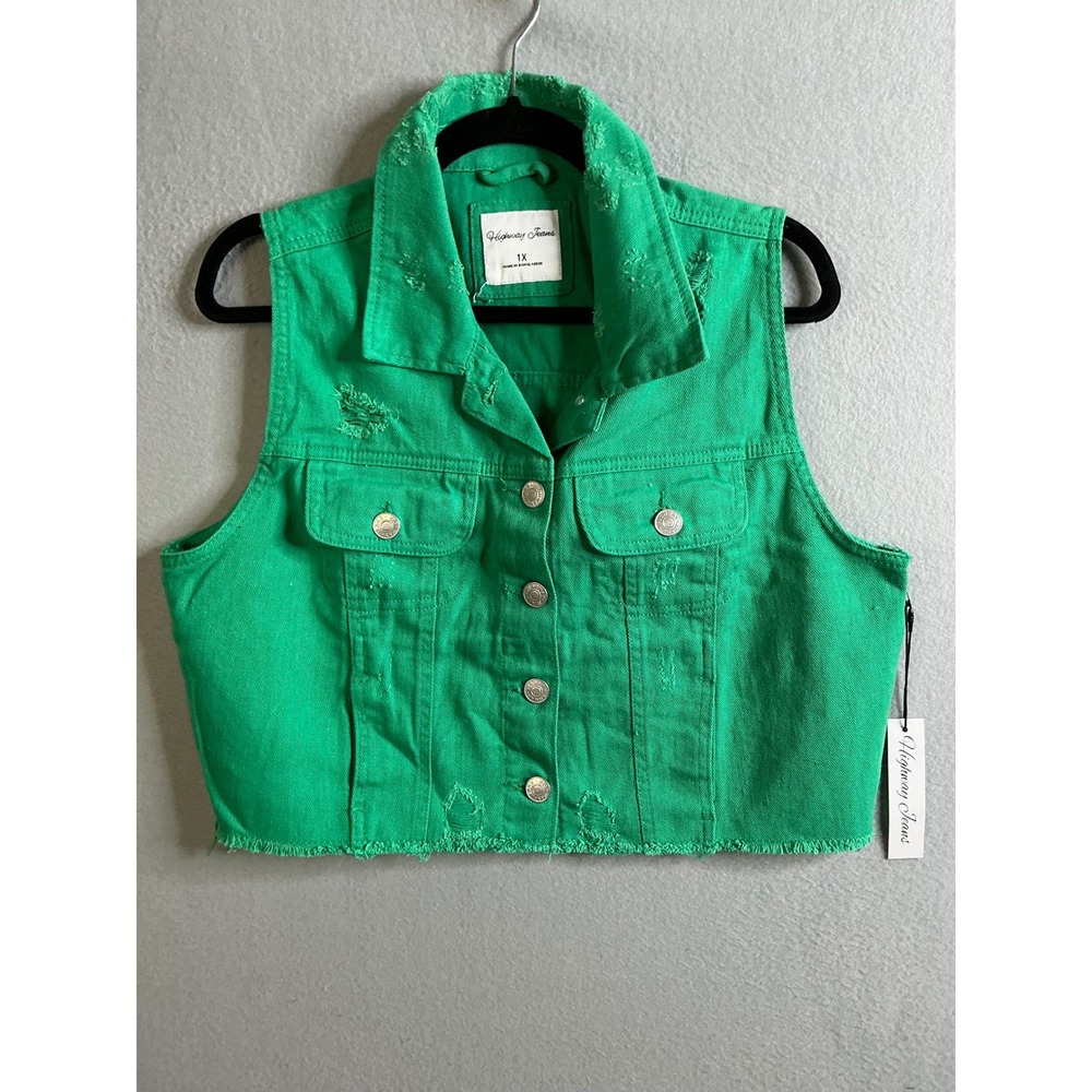 Highway Jeans Women's Vest 1X Green Denim Vest Distressed Cropped Sleeveless NWT